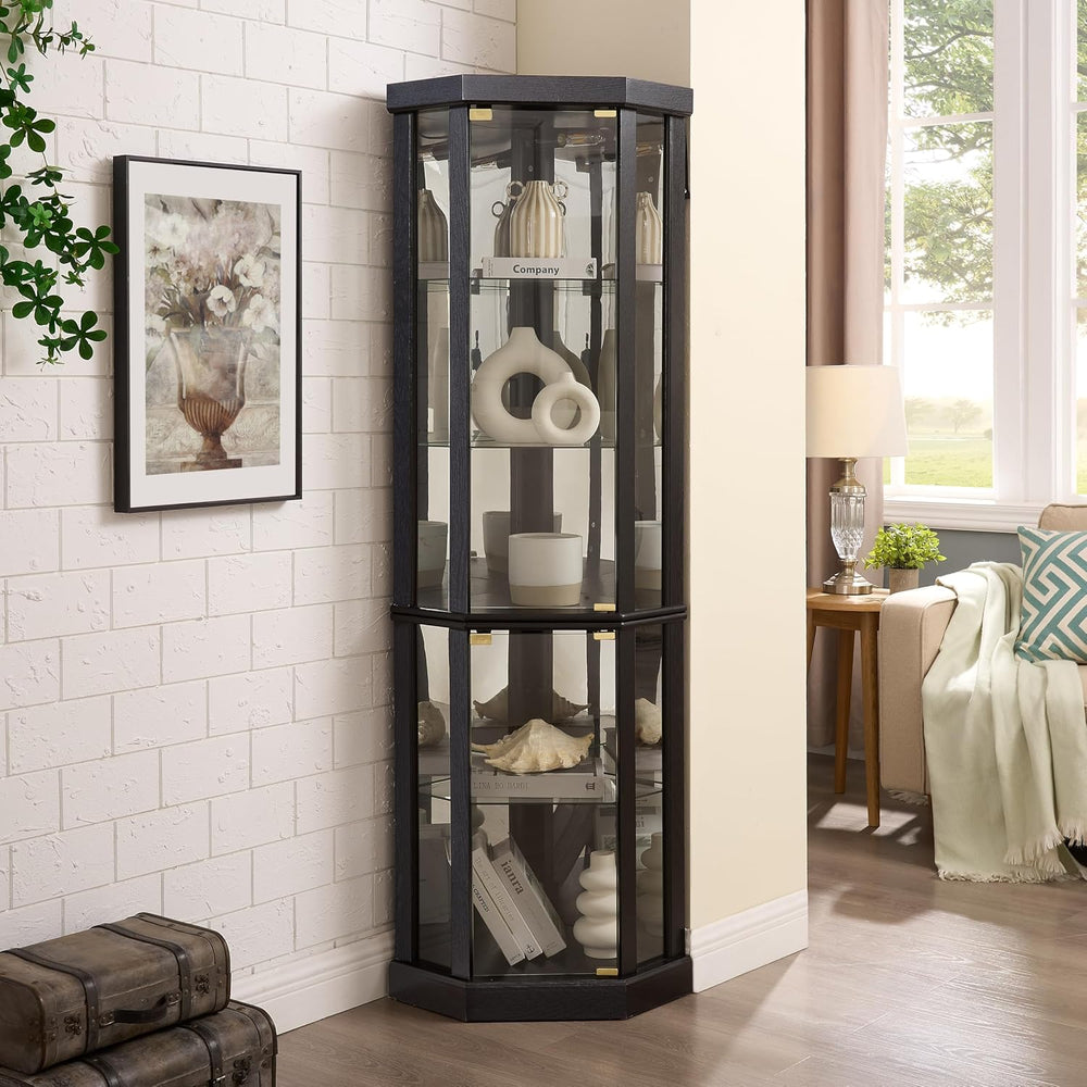 Lighted Corner Curio Cabinet - Elegant Glass Display Case for Living Room &am...