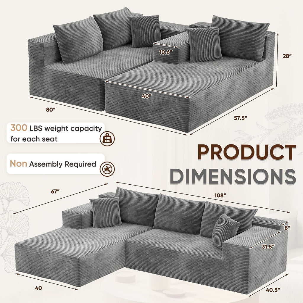 108” Cloud Sectional Couches, Boneless Couch Modular L-Shaped Sofa with Deep Seat, Modern Comfort Upholstered Sofas for Living Room, No Assembly Required (Corduroy, Grey)