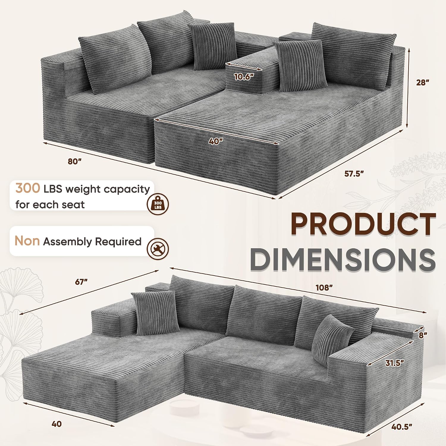 108” Cloud Sectional Couches, Boneless Couch Modular L-Shaped Sofa with Deep Seat, Modern Comfort Upholstered Sofas for Living Room, No Assembly Required (Corduroy, Grey)