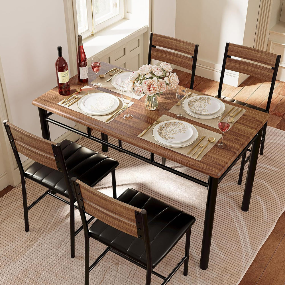IRONCK Dining Table Set for 4, Walnut | Wood Kitchen Table with Upholstered C...