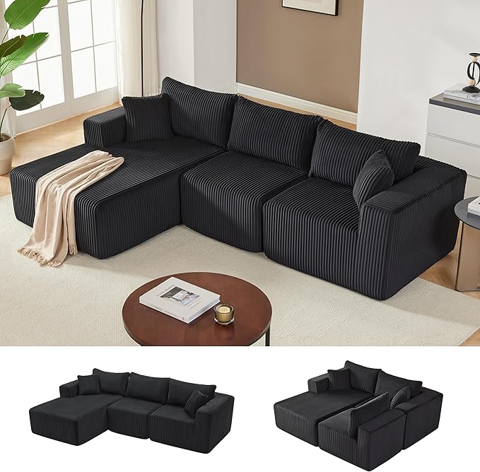 97" Modular Sectional Sofa, L-Shaped Boneless Couch with Deep Seat, Cozy Cloud Couch Sectional with Convertible Ottoman, Modern Sectional Couches for Living Room（ Black）