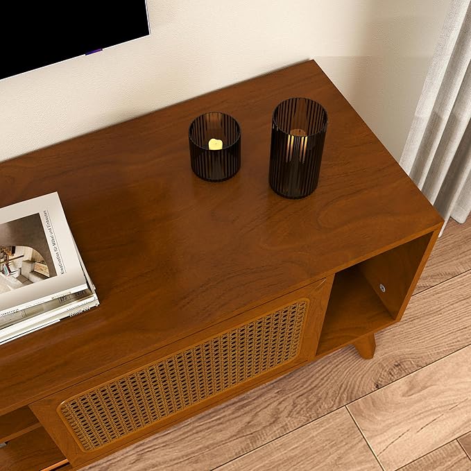 Ball & Cast 68" Mid Century Modern TV Stand for TVs up to 75", Media Console with Rattan Sliding Doors, Open Shelves & Solid Wood Legs, Entertainment Center for Living Room,Bedroom,Light Walnut