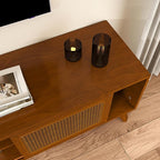 Ball & Cast 68" Mid Century Modern TV Stand for TVs up to 75", Media Console with Rattan Sliding Doors, Open Shelves & Solid Wood Legs, Entertainment Center for Living Room,Bedroom,Light Walnut