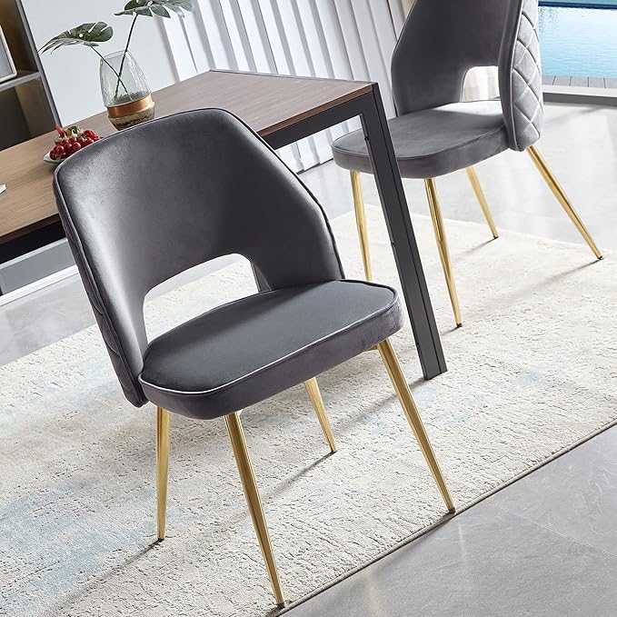 NORDICANA Modern Dining Chair Set of 2, Grey Velvet Fabric Upholstered Accent Chairs with Golden Metal Legs, Round Back Side Chairs for Kitchen Living Room Bedroom