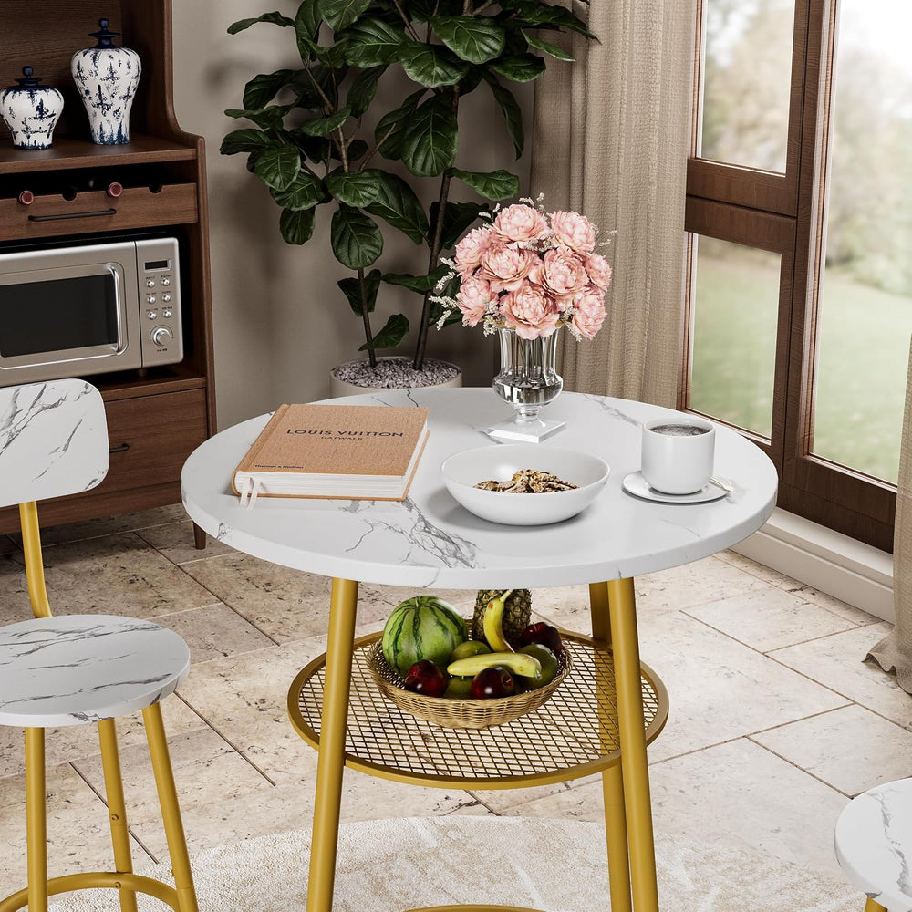 3 Pieces Round Bar Table Set, Small Dining Table for 2 Faux Marble Tabletop |...