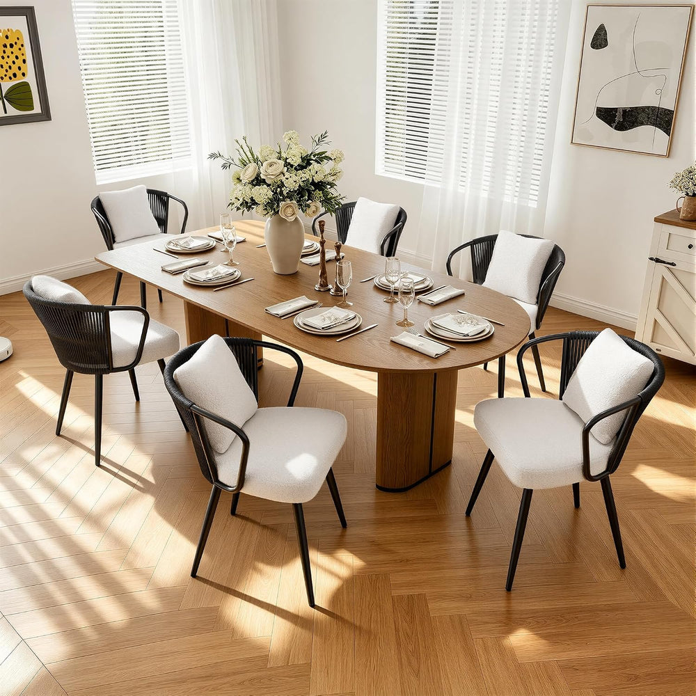 Rope Weaving Dining Chairs Set of 6, Rattan Upholstered Kitchen Chair with Me...