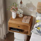 COZAYH Farmhouse Rubber Wood Floating Nightstand with Drawer and Open Shelf, Transitional Wall Mounted Side Table with Open Slot for Bedroom, Fully Assembled (Natural)