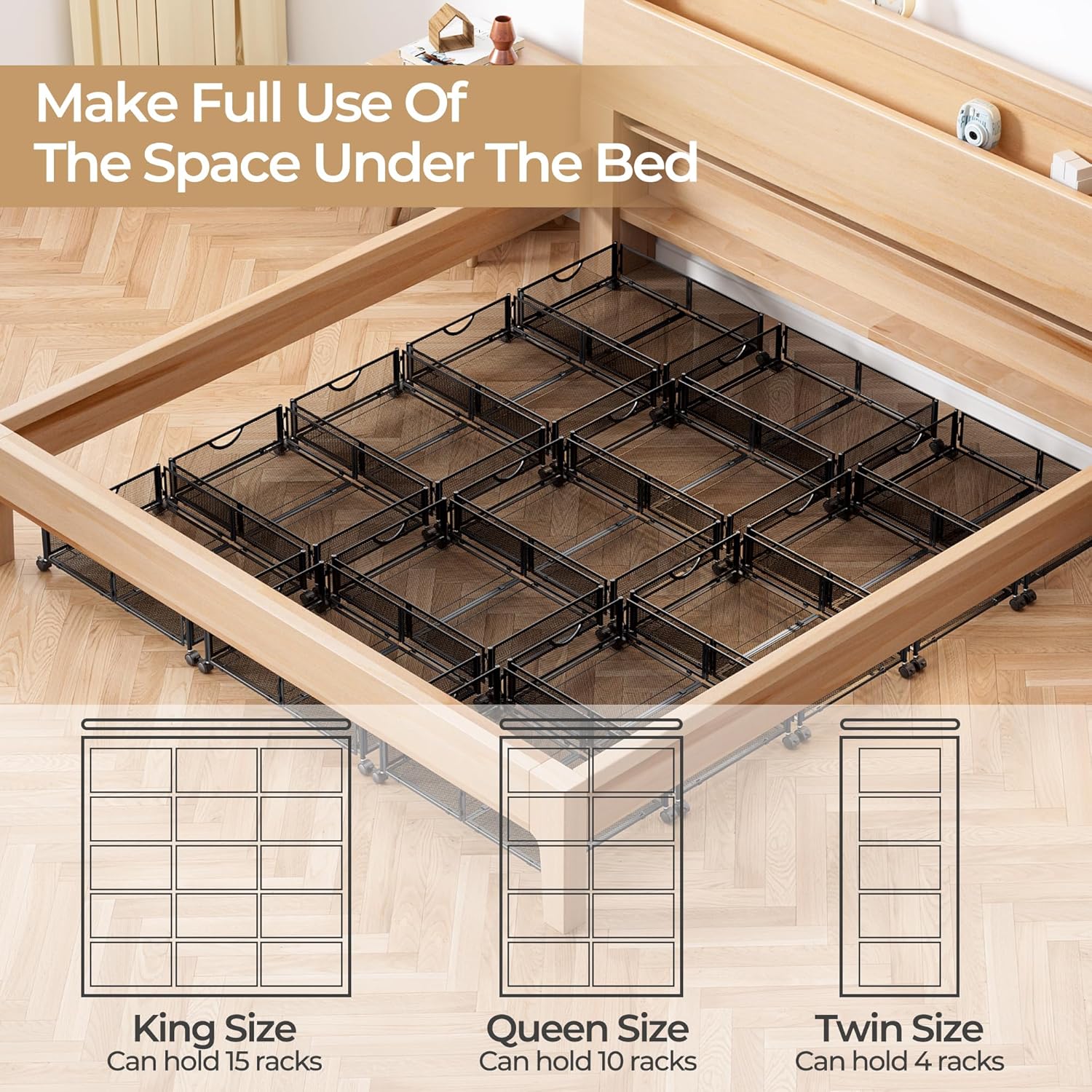 Yecaye Under Bed Storage with Wheels, 2 Pack Under Bed Shoe Storage Organizer Drawer, Tool-free Assembly Metal Underbed Storage Containers for Clothes, Shoes, Toys, Black
