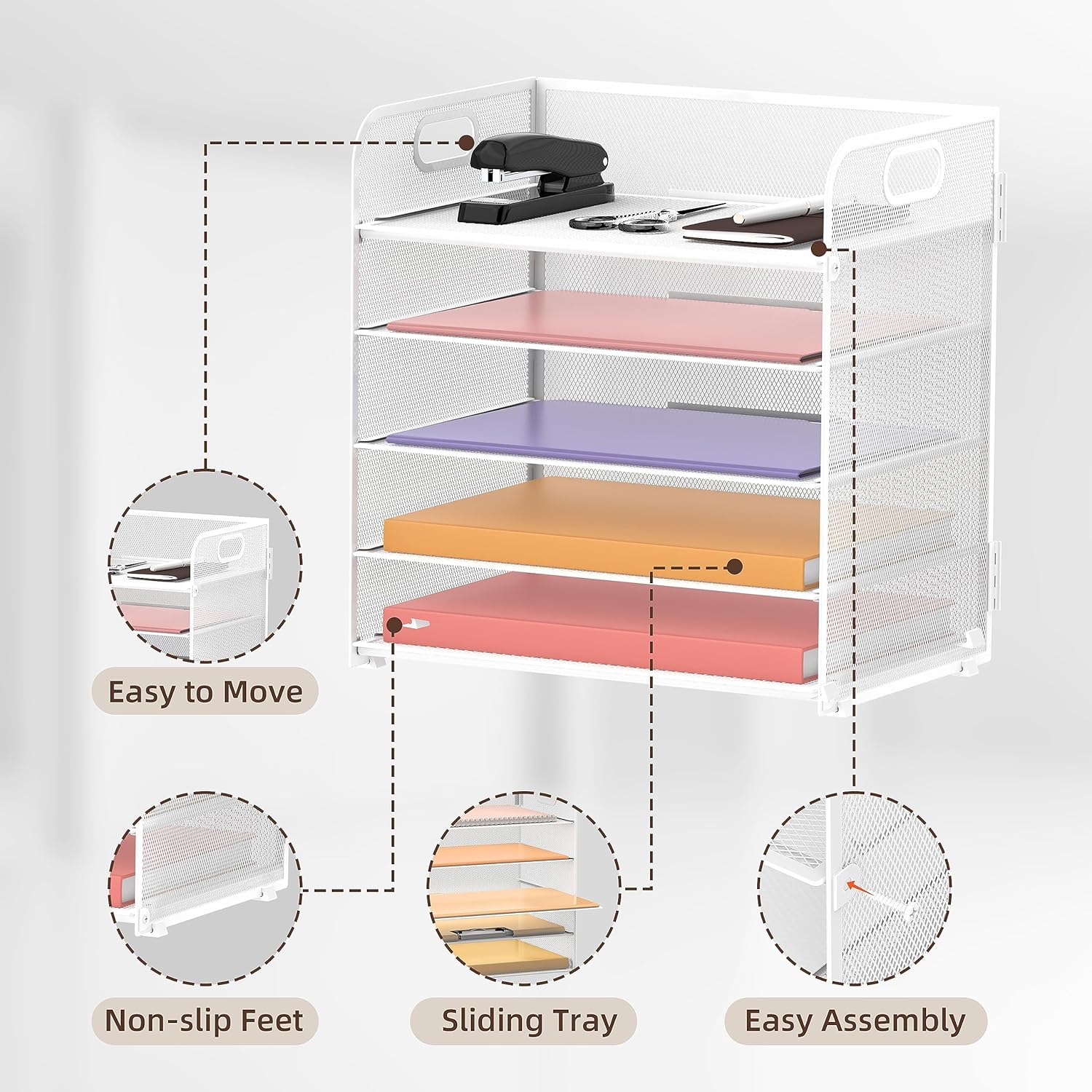 2 Pack 5-Tier White Desk Organizer with Handle Mesh Desk File/Paper Organizer Letter Tray for Office, School and Home Easy Installation