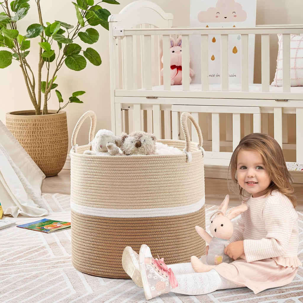 KAKAMAY Large Blanket Basket (18"x18"x16"),Woven Baby Laundry Hamper for Storage, Cotton Rope Blankets Baskets for Nursery, Laundry, Living Room, Pillows, Baby Toy chest with Handles (Light Brown)