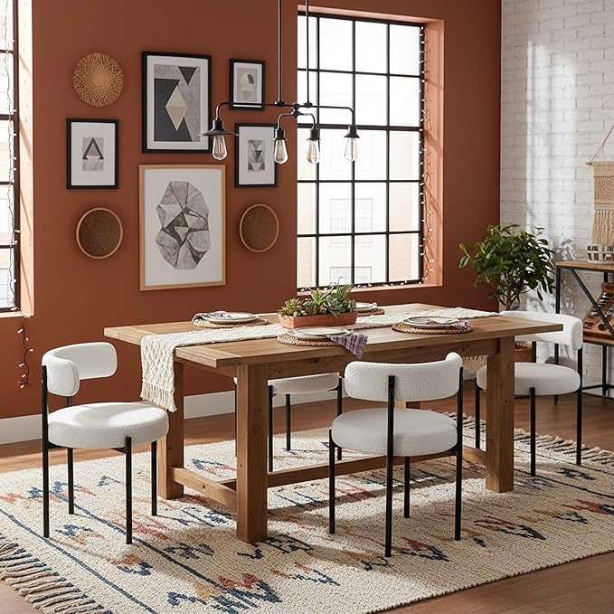 Boucle Dining Chairs Set of 4, Mid Century Modern Dining Room Chairs with Barrel Backrest, Upholstered White Kitchen Chairs for Dining Room, Restaurant