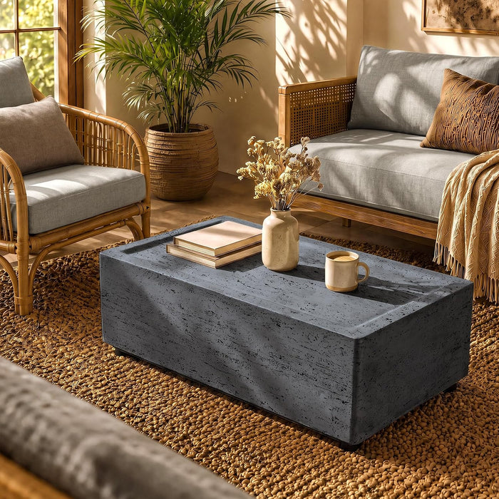 Patio Watcher 40" Rectangle Coffee Table, Travertine Look, Dark Gray