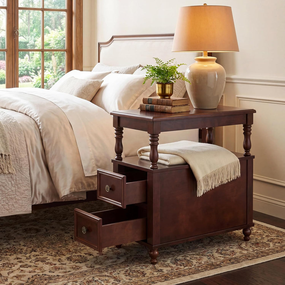 Tribesigns Solid Wood End Table, Vintage Side Table with 2 Drawers & 2-Ti...