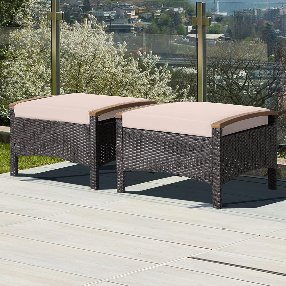 HAPPYGRILL Set of 2 Outdoor Patio Ottoman PE Rattan Wicker Ottomans with Remo...