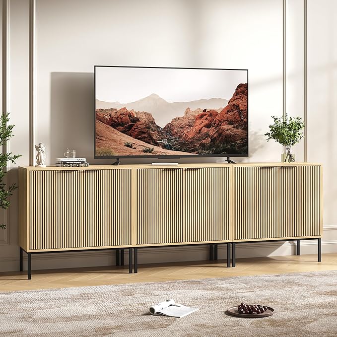 TV Stand for 100" TV, Mid Century Modern 94.5'' Television Stand, Entertainment Center with Storage and Adjustable Shelves, Media Console TV Cabinet for Living Room