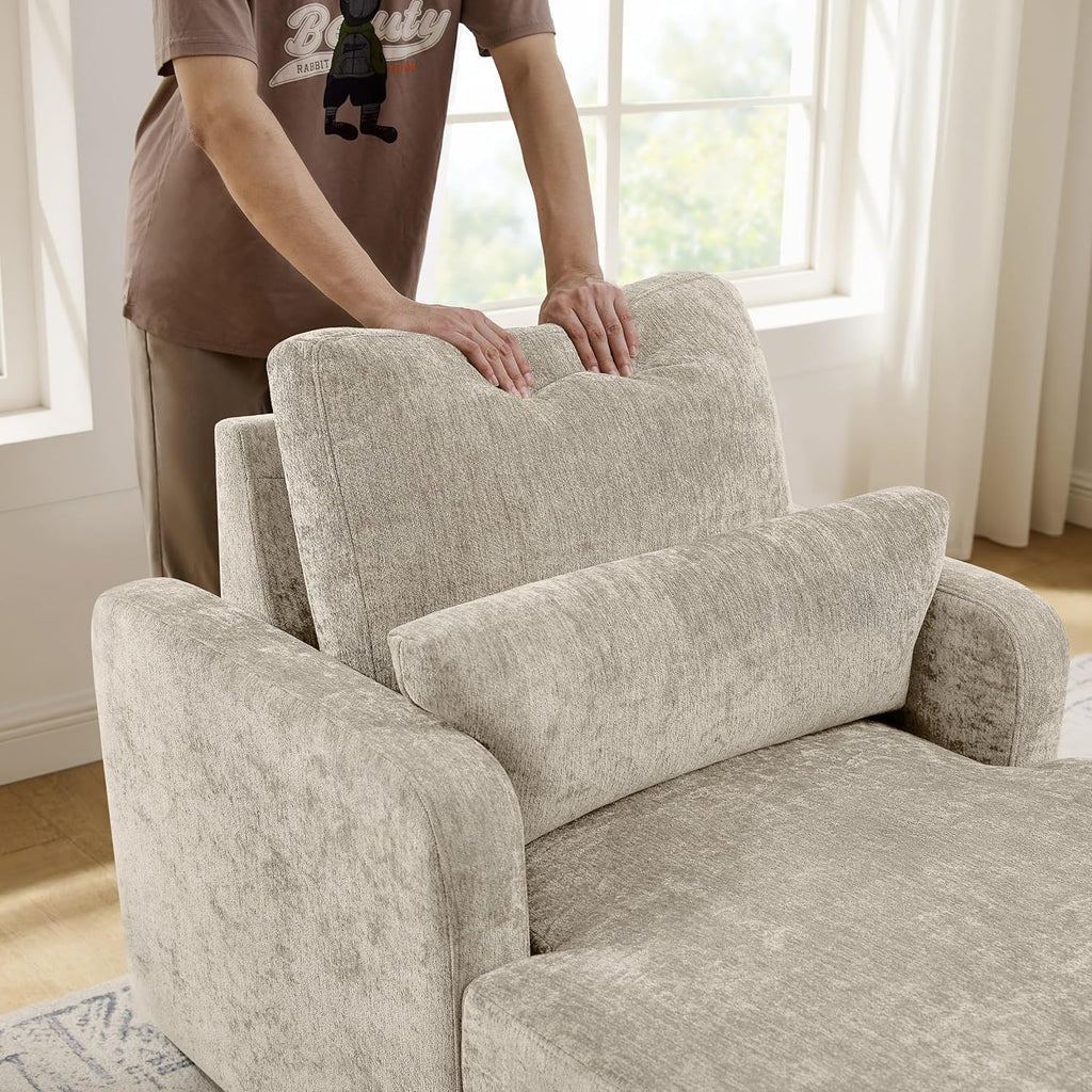 58" Oversized Chaise Lounge Chair with Storage, Chenille Camel | Adjustable Backrest, 2 Back Pillows, Comfy Reading Chair Indoor, Upholstered Sleeper Chair for Living Room, Bedroom, Office