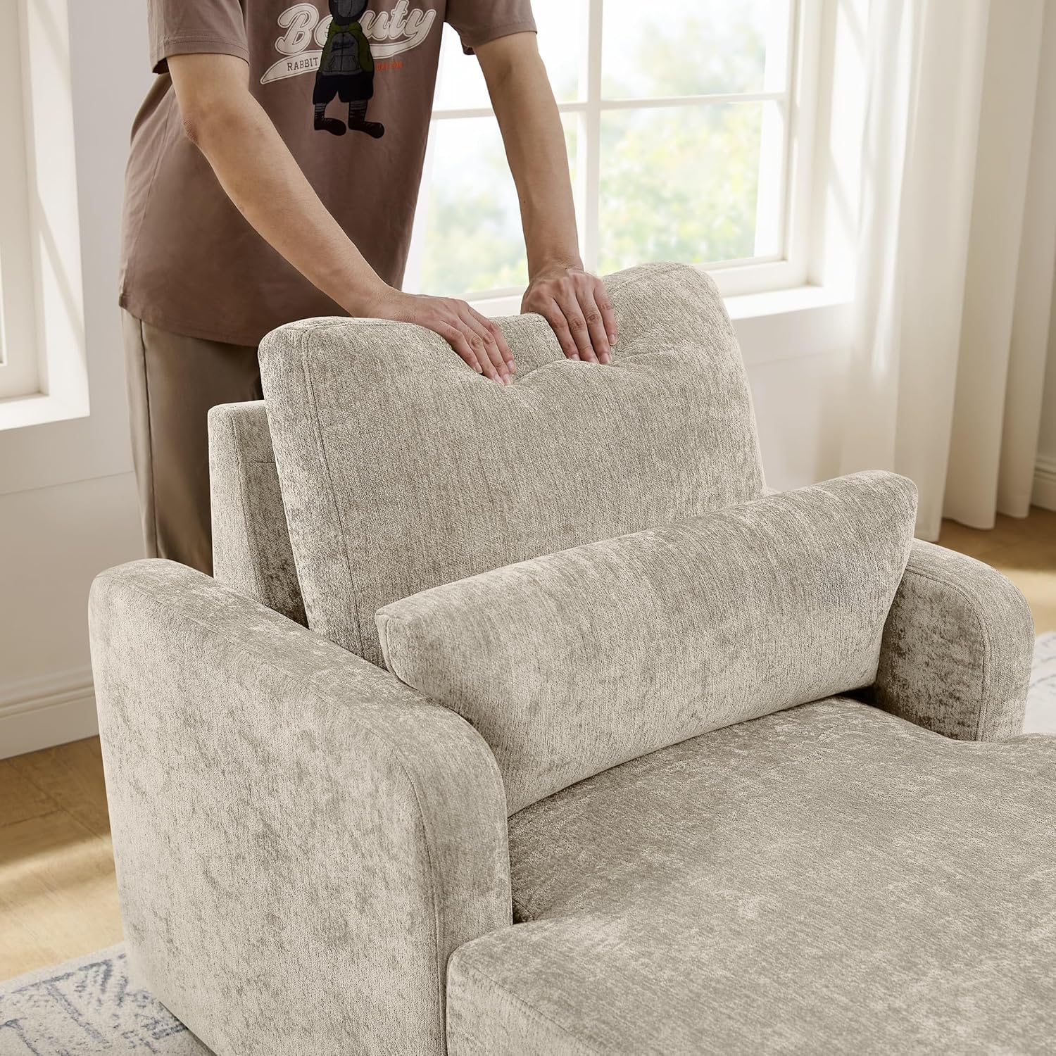58" Oversized Chaise Lounge Chair with Storage, Chenille Camel | Adjustable Backrest, 2 Back Pillows, Comfy Reading Chair Indoor, Upholstered Sleeper Chair for Living Room, Bedroom, Office