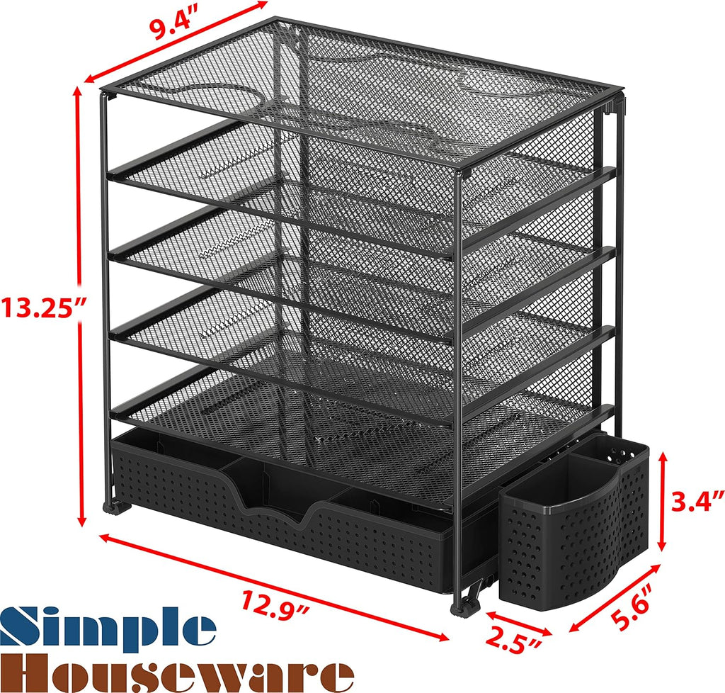 Simple Houseware 5-Tier Document File Tray with Supplies Sliding Drawer and Pen Bucket, Black