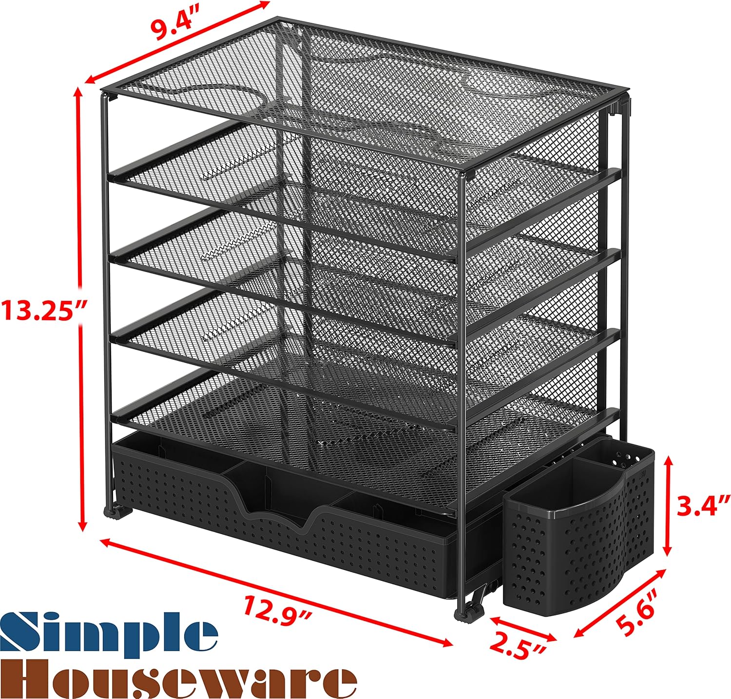 Simple Houseware 5-Tier Document File Tray with Supplies Sliding Drawer and Pen Bucket, Black