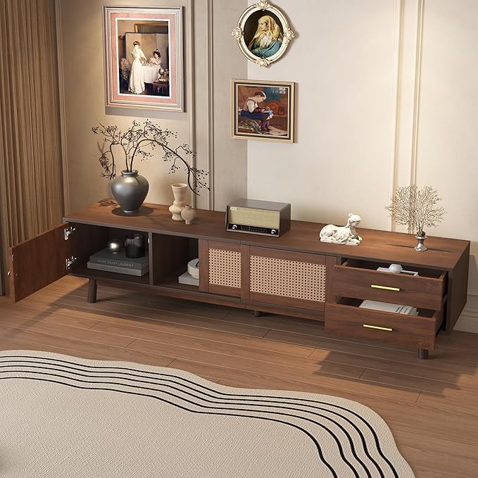 Ball & Cast Mid-Century Modern TV Stand for TVs up to 80", 70" Media Console with Rattan Sliding Doors & 2 Drawers,Solid Wood Legs,Entertainment Center w/Storage for Living Room,Bedroom,Dark Brown