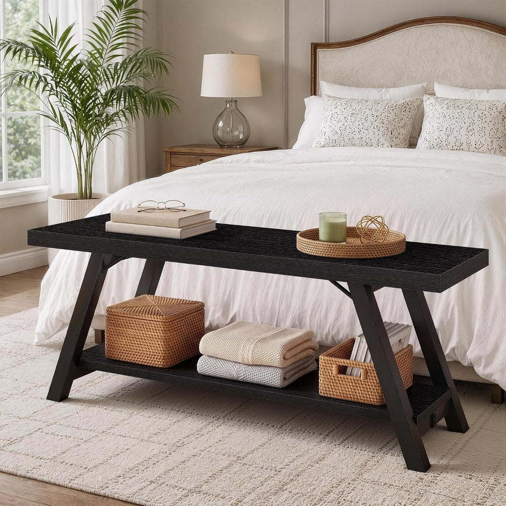LVB Black Entryway Bench with Storage, Wood Bench for Entryway, 47 in