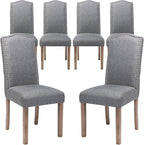 Upholstered Dining Chair Modern Stylish Parsons Kitchen Diner High Back with Silver Nailhead Trim & Wood Legs, Set of 6, Fabric Classic Grey