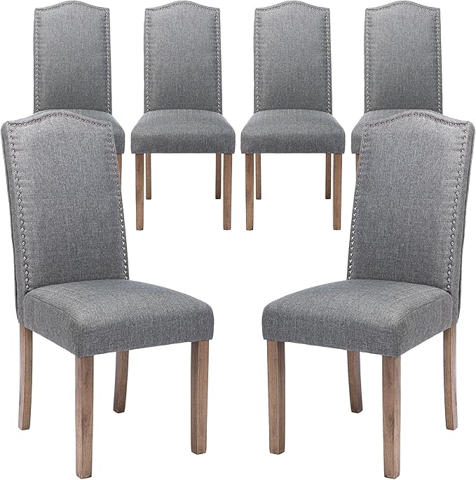 Upholstered Dining Chair Modern Stylish Parsons Kitchen Diner High Back with Silver Nailhead Trim & Wood Legs, Set of 6, Fabric Classic Grey