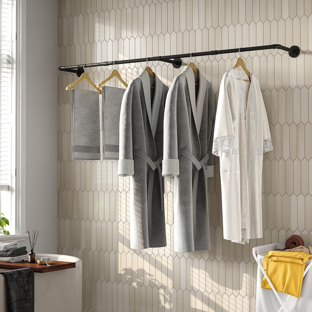 Industrial Pipe Clothes Rack with 3 S-shaped Hooks, 72’'L Wall Mounted Garment Rack, Heavy Duty Iron Garment Bar, Clothes Hanging Rod Bar for Laundry Room, Max Load 135Lb Black (2 Package)