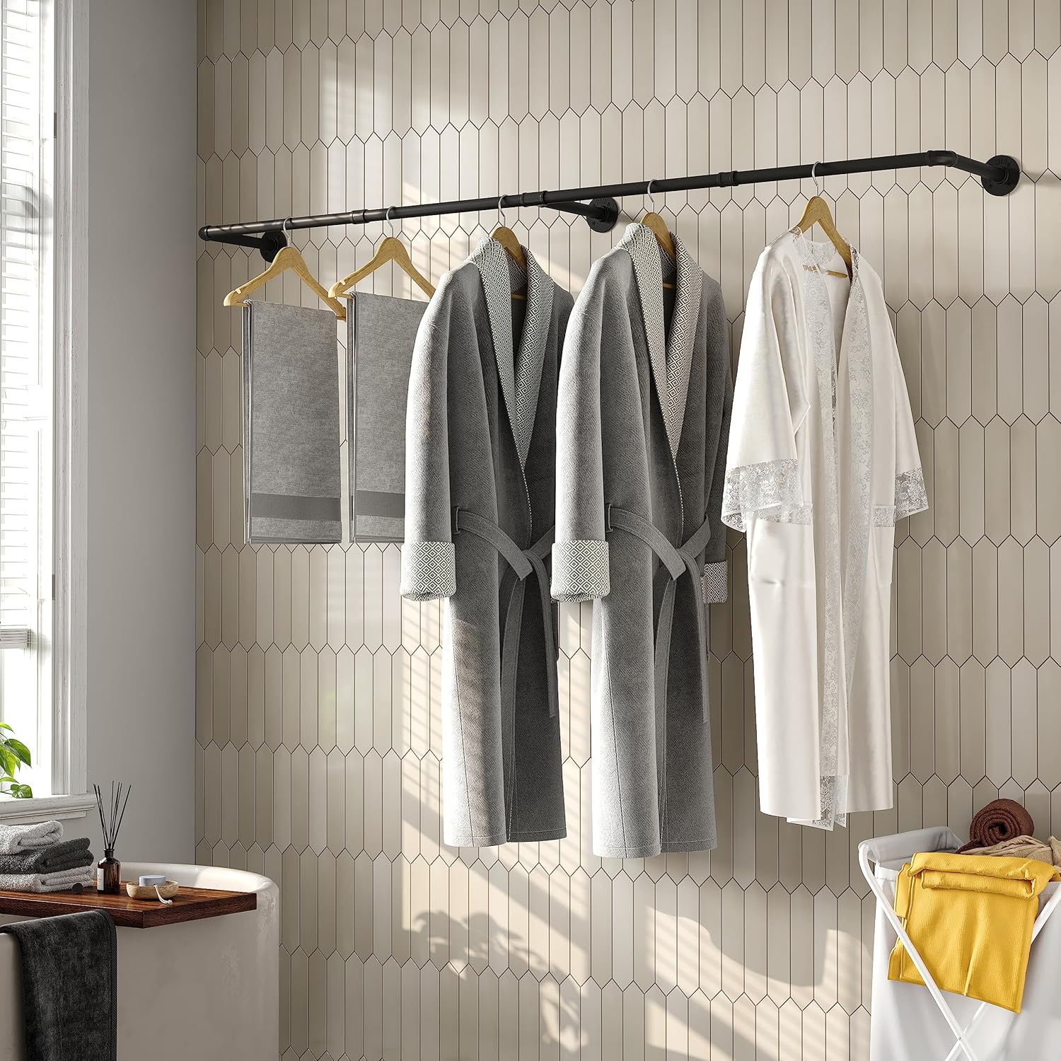 Industrial Pipe Clothes Rack with 3 Hooks, 72’'L Wall Mounted Garment Rack, Heavy Duty Iron Garment Bar, Clothes Hanging Rod Bar for Laundry Room, Max Load 135Lb Black (3 Base)