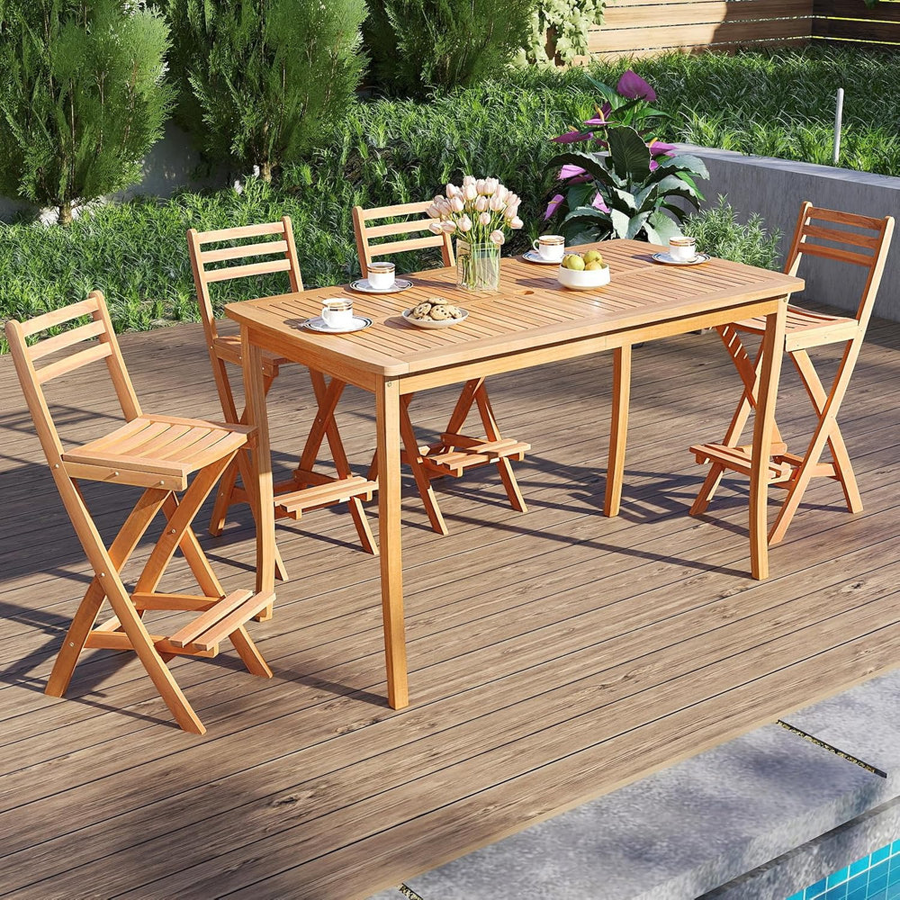 Tangkula Patio Folding Barstool Set of 2, Outdoor Portable High Top Acacia Wo...