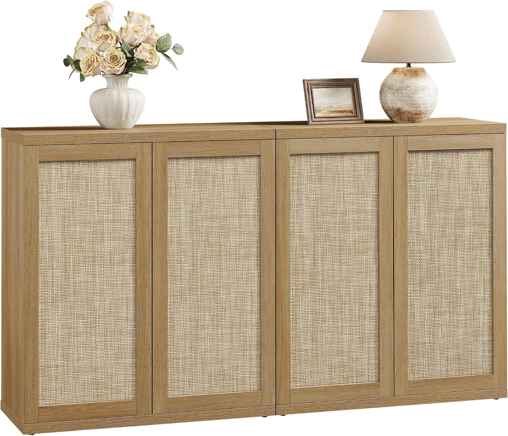 SICOTAS Rattan Sideboard Buffet Console Cabinet - 2 Pieces Boho Coffee Bar Ca...