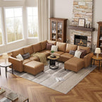 SITJOY 113" Faux Leather Modular Sectional Sofa with Storage, Mid Century Modern Sectional Couches for Living Room, Soft Padded Armrests, 9 Seat V Shaped Sectional Couch with Chaise, Brown