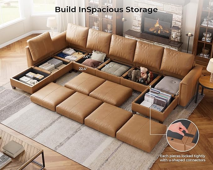 SITJOY 145" Faux Leather Modular Sectional Sofa with Storage, Mid Century Modern Sectional Couches for Living Room, Soft Padded Armrests, 8 Seat U Shaped Sectional Couch with Chaise, Brown
