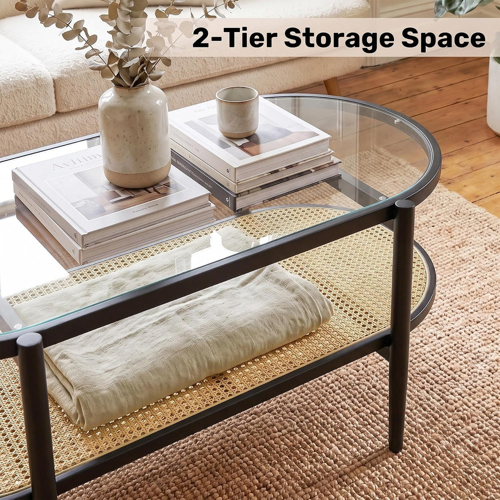 Boho Oval Coffee Table with Storage Shelf, 2-Tier Tempered Glass