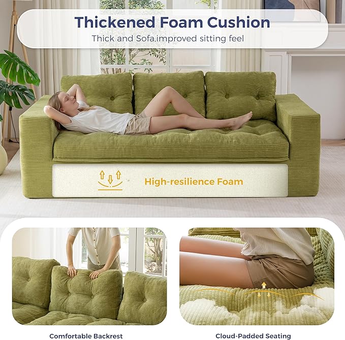 MAXYOYO 79" Loveseat Sofa Couch for Small Spaces, Upholstered Boneless Cloud Couch for Apartment Bedroom, 2-Seater Love Seat Floor Modern Sofa with Pillows, No Assembly Required, Green