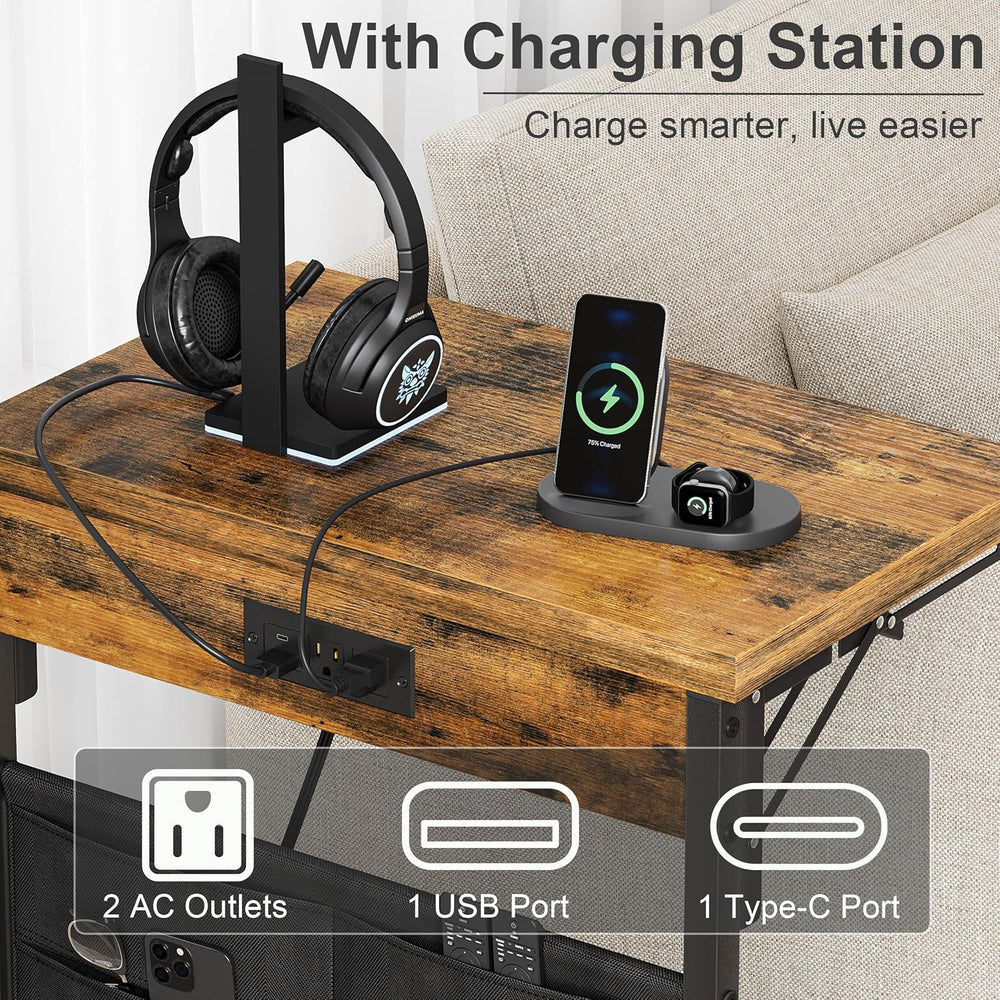 Foldable C-Shaped Table with Charging Station, Folding TV Tray End Table for ...