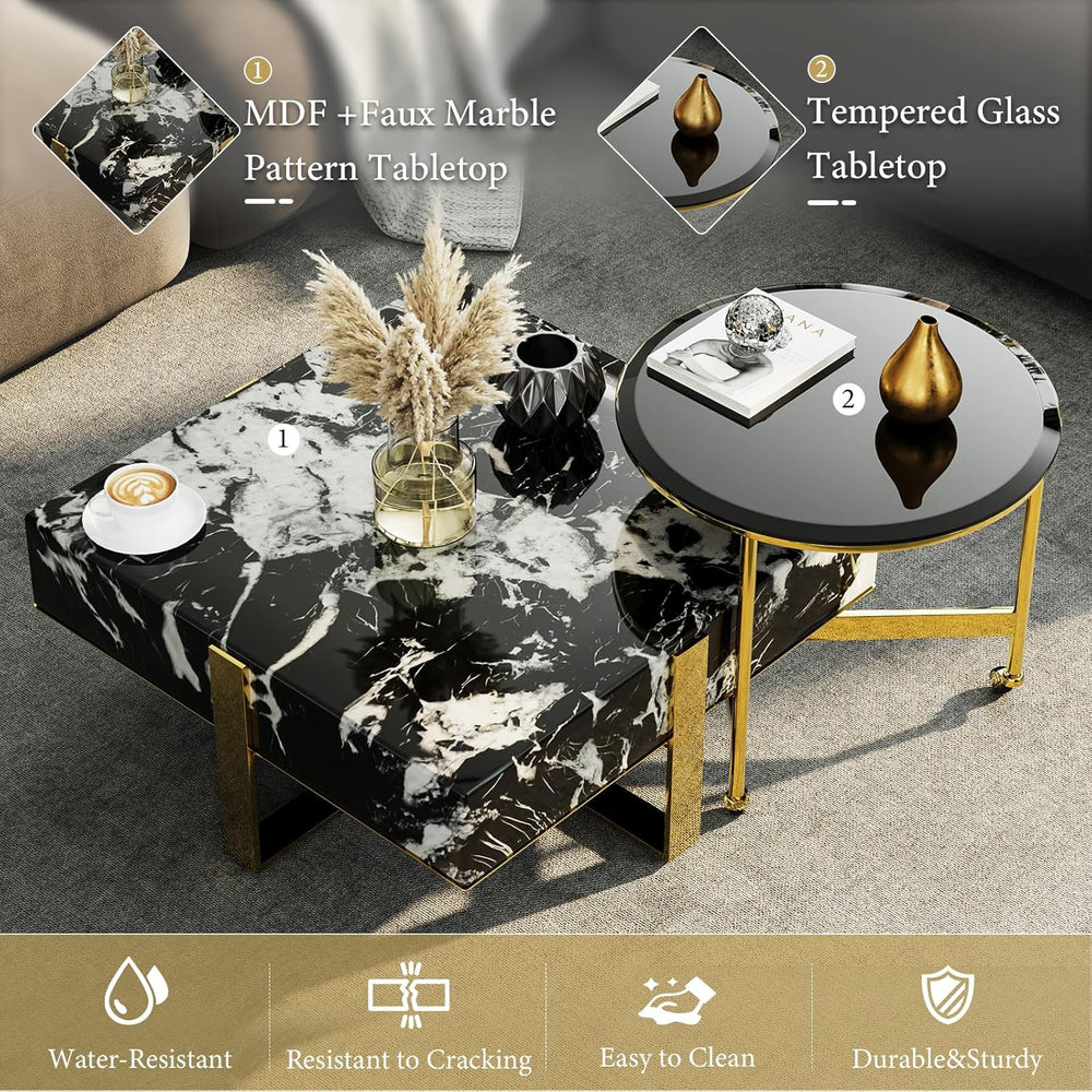 Black Square Coffee Table and Round End Table, Nesting Coffee Table Set of 2,...