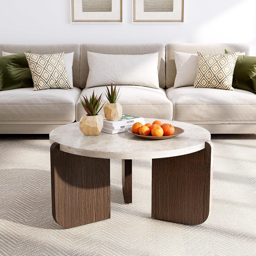 SUNBURY Modern Round Coffee Table with Sturdy Base, Wood Center Tables for Li...