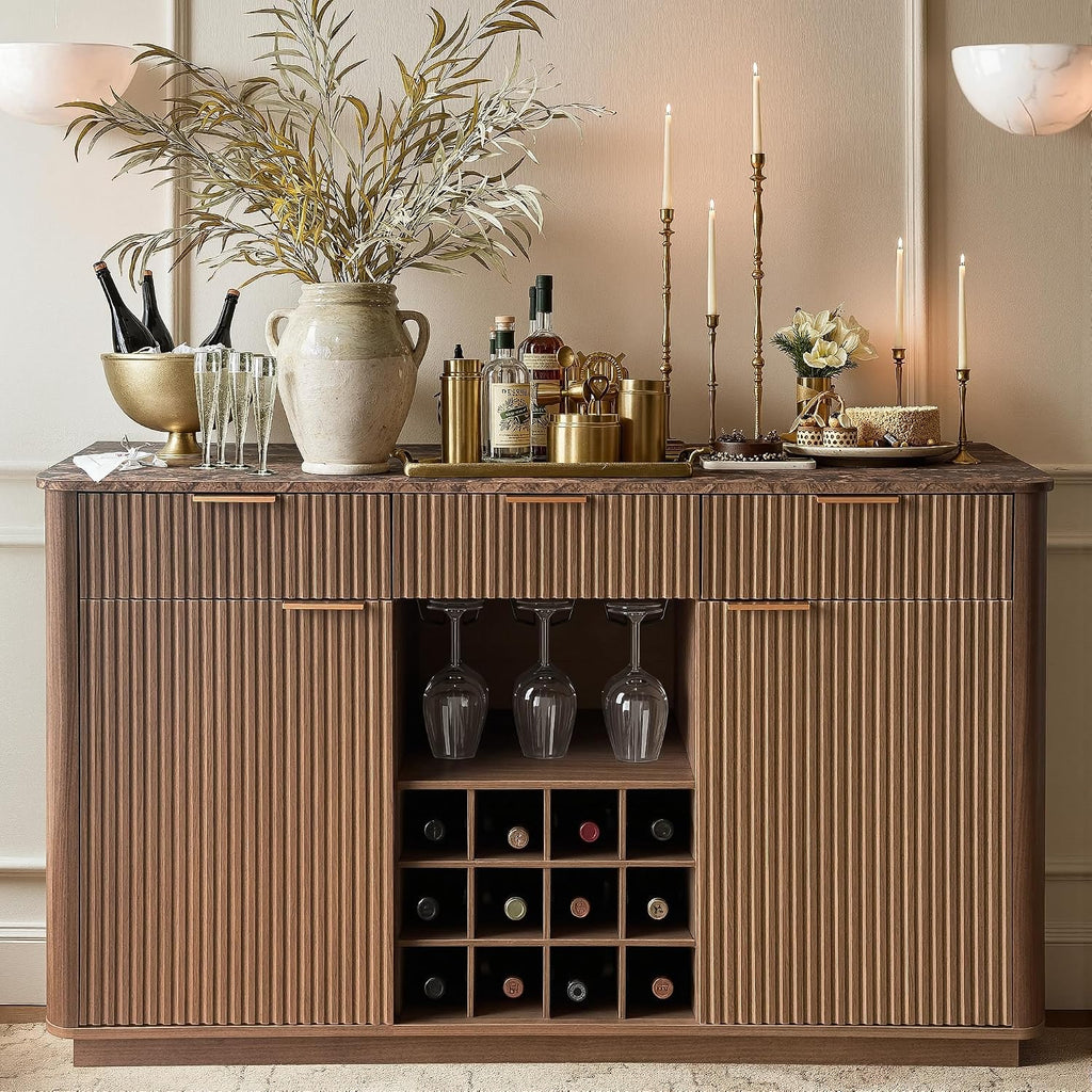 win2win 59" Fluted Wine Bar Cabinet, Mid-Century Modern Sideboard, Walnut | Home Bar with Faux Marble Top, 3 Spacious Drawers, 3 Stemware Racks, 12 Wine Racks, 2 Side Cabinets, Kitchen Dining Room