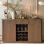 win2win 59" Fluted Wine Bar Cabinet, Mid-Century Modern Sideboard, Walnut | Home Bar with Faux Marble Top, 3 Spacious Drawers, 3 Stemware Racks, 12 Wine Racks, 2 Side Cabinets, Kitchen Dining Room