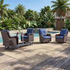 Luxury Outdoor Wicker Glider Rocker Chairs for 4 Person, Outdoor Furniture Sets with 2 Piece Wicker Swivel Rocker Chairs, Rattan Glider Rocker Chairs with Table for 2 Seats Brown/Blue