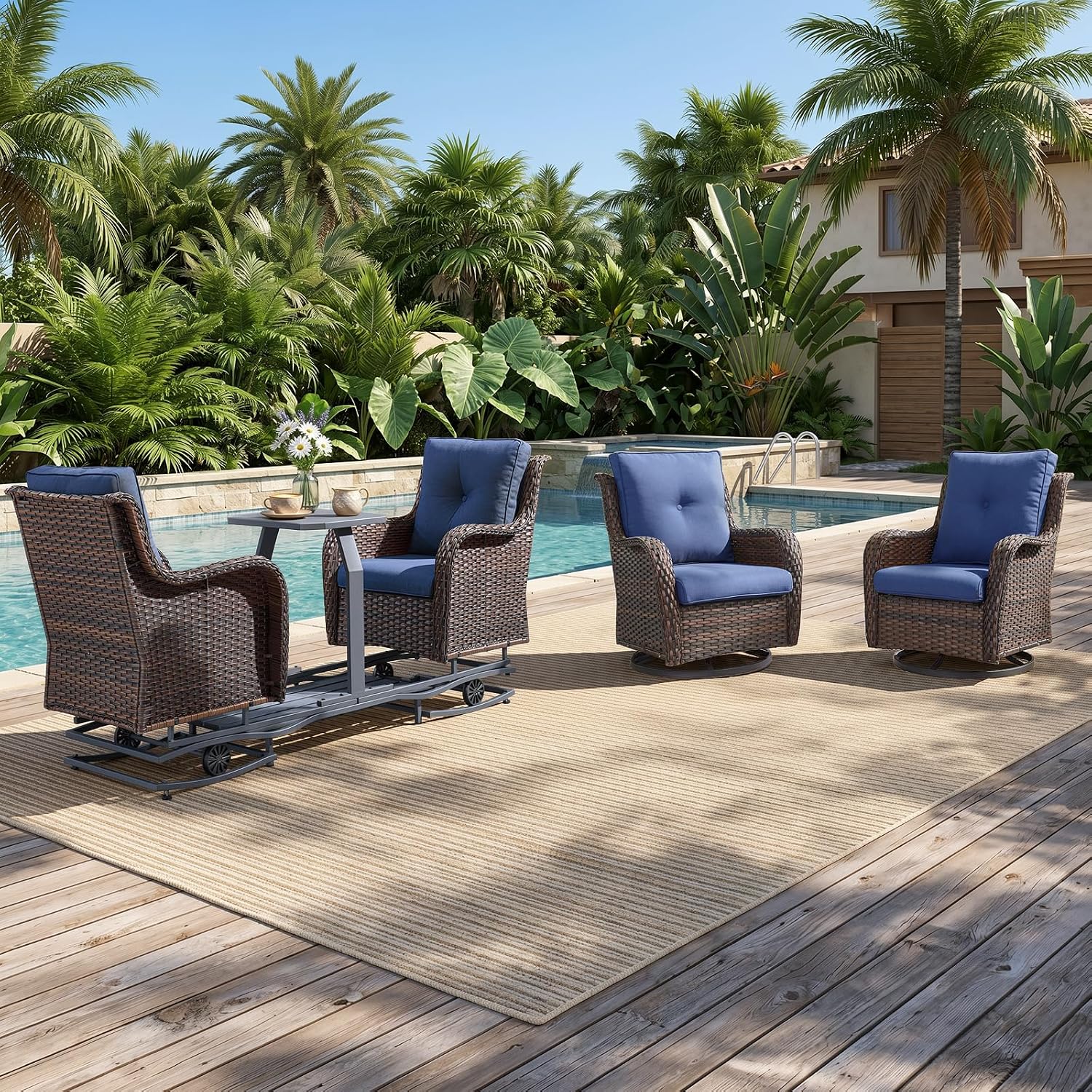 Luxury Outdoor Wicker Glider Rocker Chairs for 4 Person, Outdoor Furniture Sets with 2 Piece Wicker Swivel Rocker Chairs, Rattan Glider Rocker Chairs with Table for 2 Seats Brown/Blue