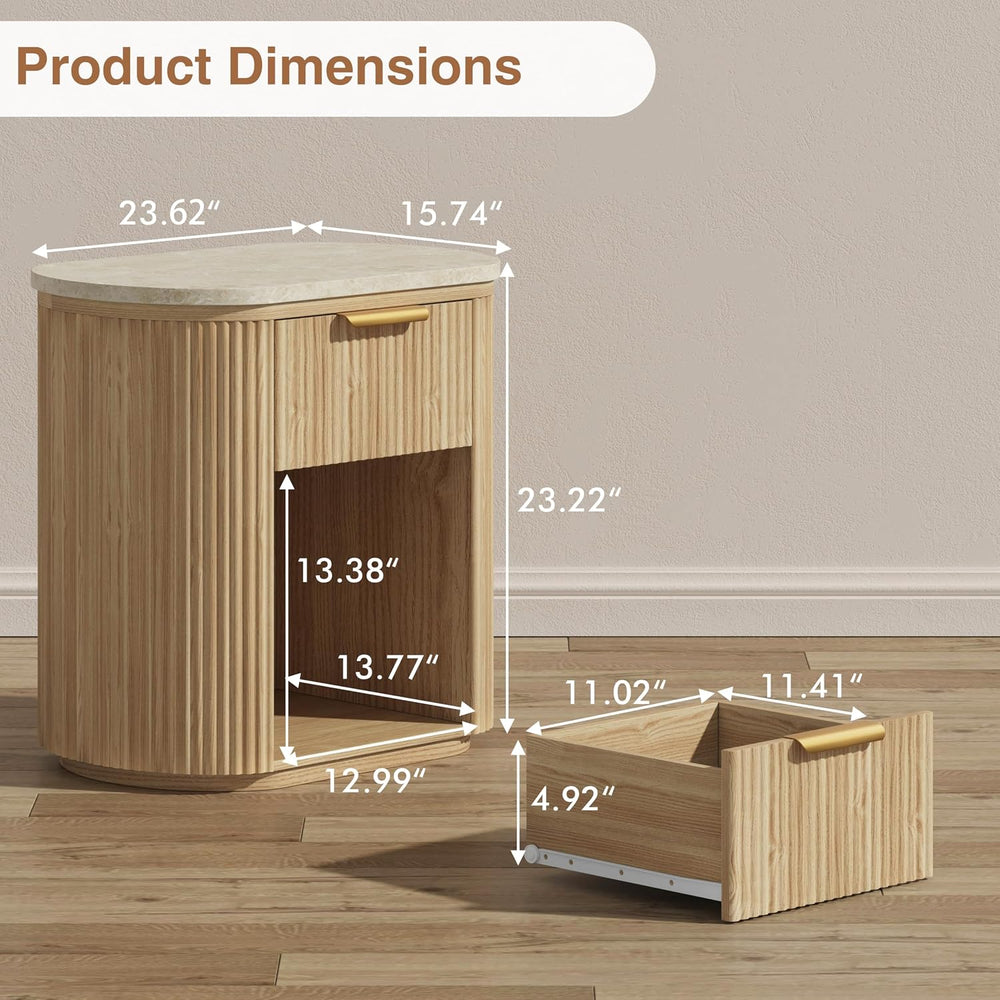 Fluted Marble Nightstand Set of 2 23.6"Large Round Bedside Table Oak,Boho