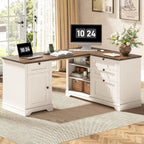 Farmhouse L Shaped Desk with Drawers, 56 Inch Executive Desk with File Drawer and Storage Cabinet, Wooden Corner Computer Desk with Power Strip for Home Office Work and Study, Rustic White and Walnut
