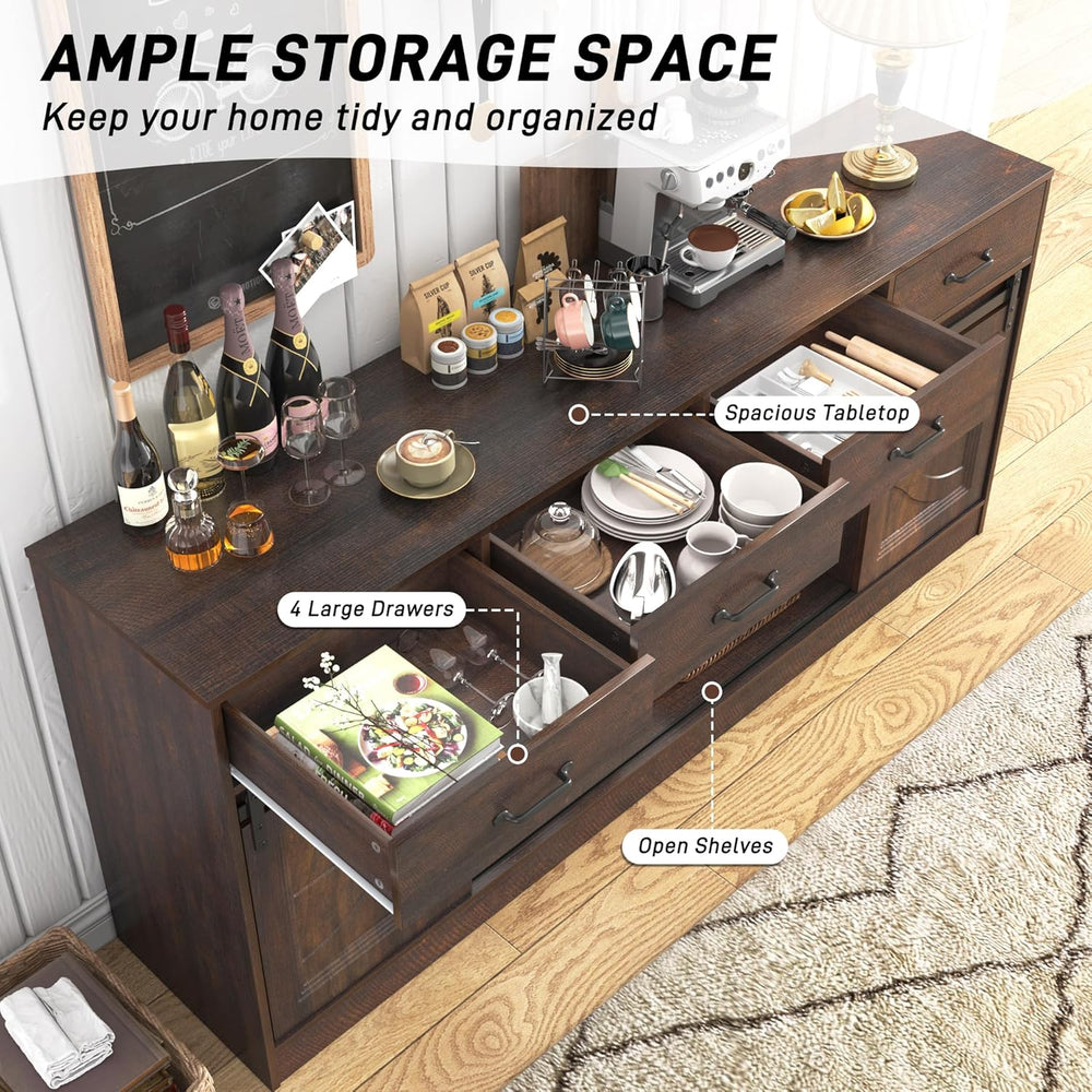 70” Large Buffet Sideboard Cabinet w/4 Drawer,Farmhouse Coffee Bar Cabinet Bu...