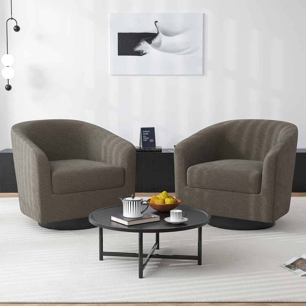 Swivel Barrel Accent Chair, Comfy Reading Armchair, Tan, Set of 4 | Low-Back Design | 360° Swivel | Solid Wood Frame | High-Density Foam Seat | Modern Round Style | For Living Room & Bedroom