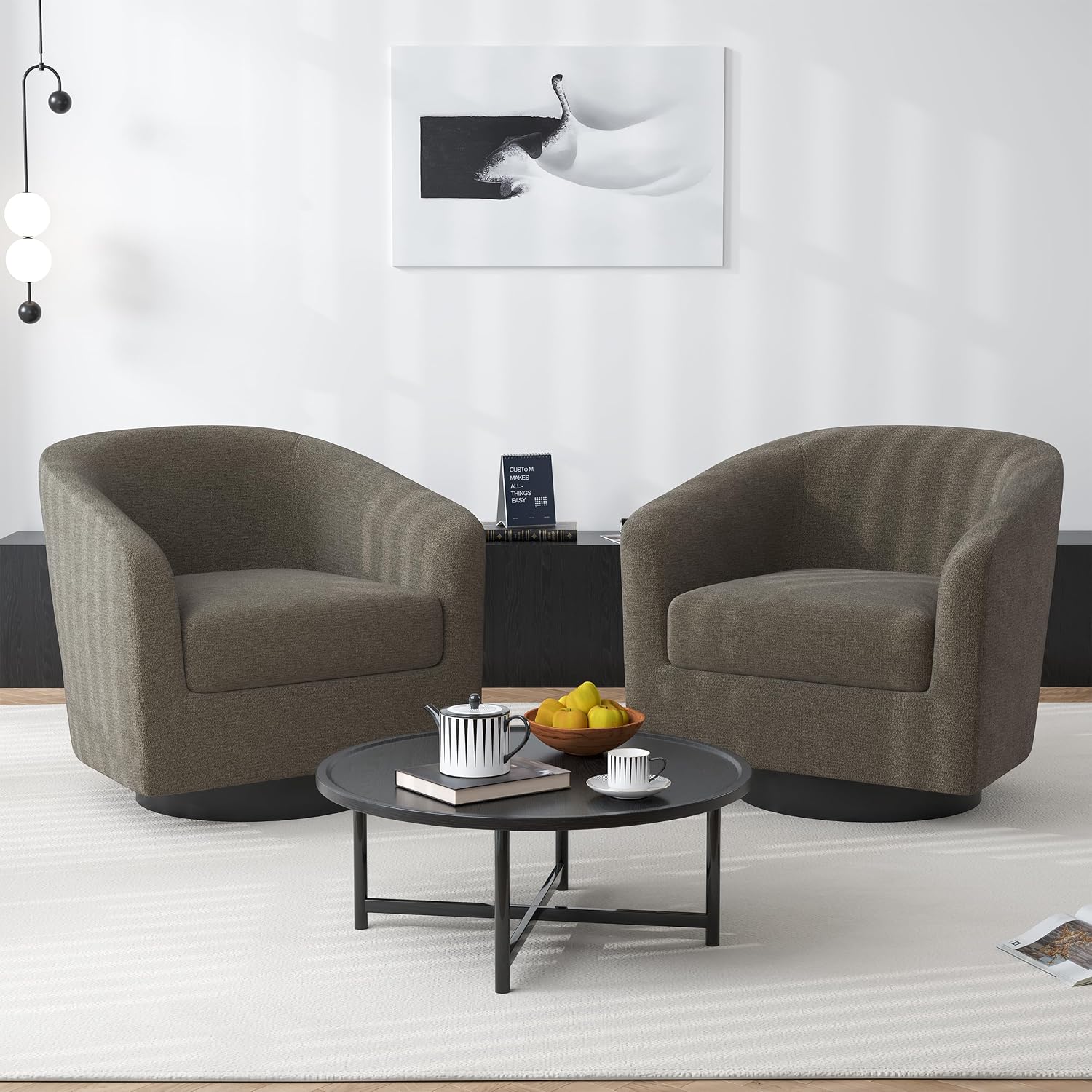 Swivel Barrel Accent Chair, Comfy Reading Armchair, Tan, Set of 4 | Low-Back Design | 360° Swivel | Solid Wood Frame | High-Density Foam Seat | Modern Round Style | For Living Room & Bedroom