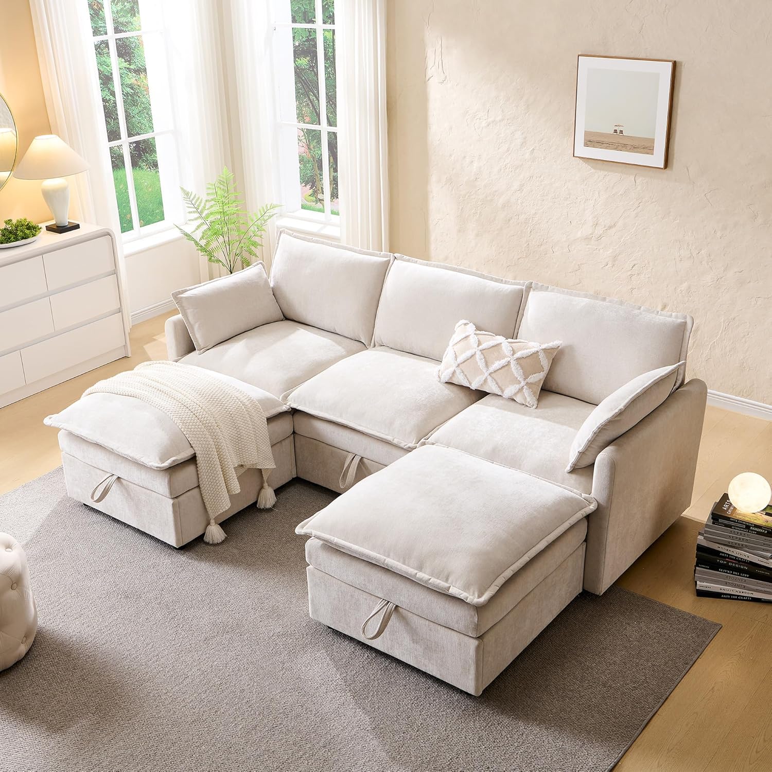 88.98" Sectional Couches for Living Room, Cloud Couch Sectional with Large Storage, U-Shape Modular Sectional Sofa with Ottoman, 5 Seater Chenille Sofa with Pillow for Apartment, Bedroom, Beige