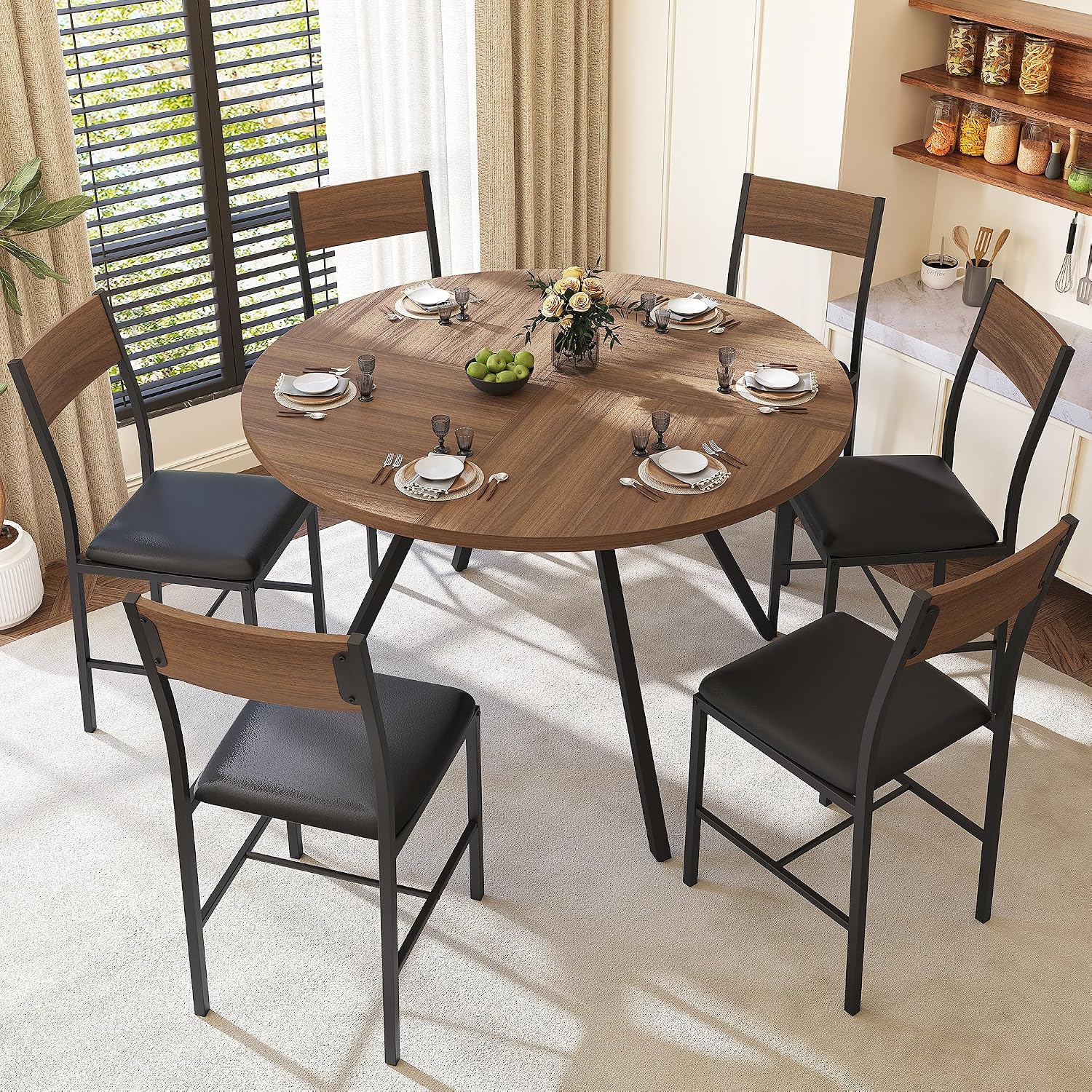 Pamapic 47'' Round Dining Table for 4-6 People | Solid Metal Frame, Circle Dinner Pedestal, Convenient Storage Shelf, Durable MDF Board, Natural Wood Table Surface