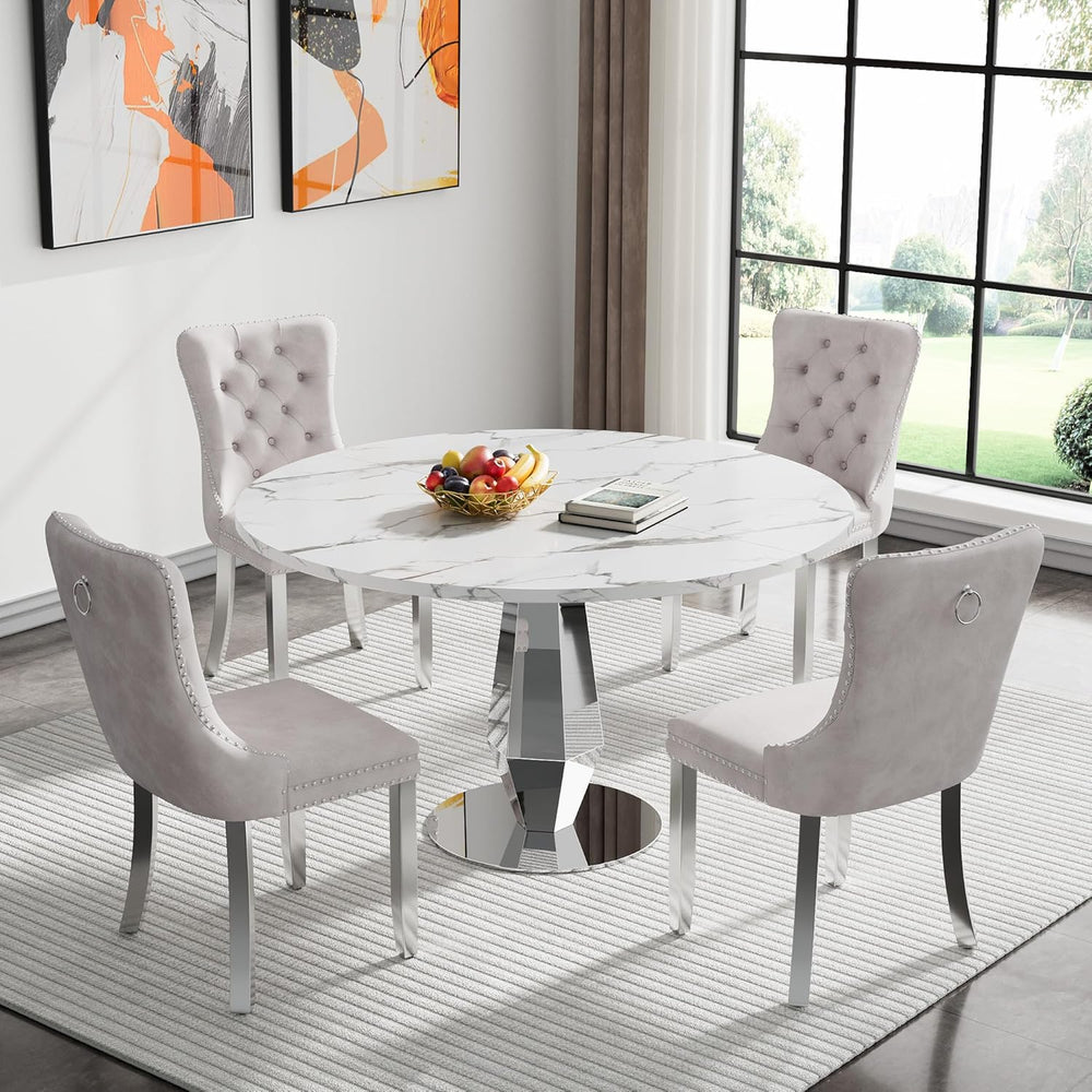 Henf Modern Round Dining Table for 4-6 White Silver 47" Faux Marble Kitc...